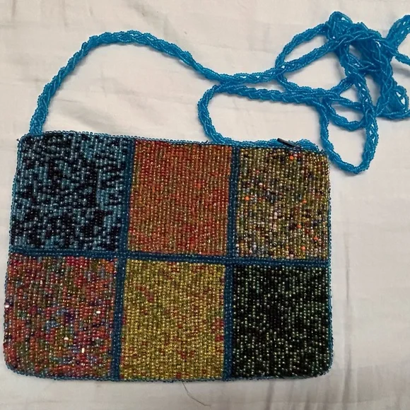 Vintage Hipster Colorful Beaded Cross body Purse Colorblock Pattern Squares - Picture 1 of 9